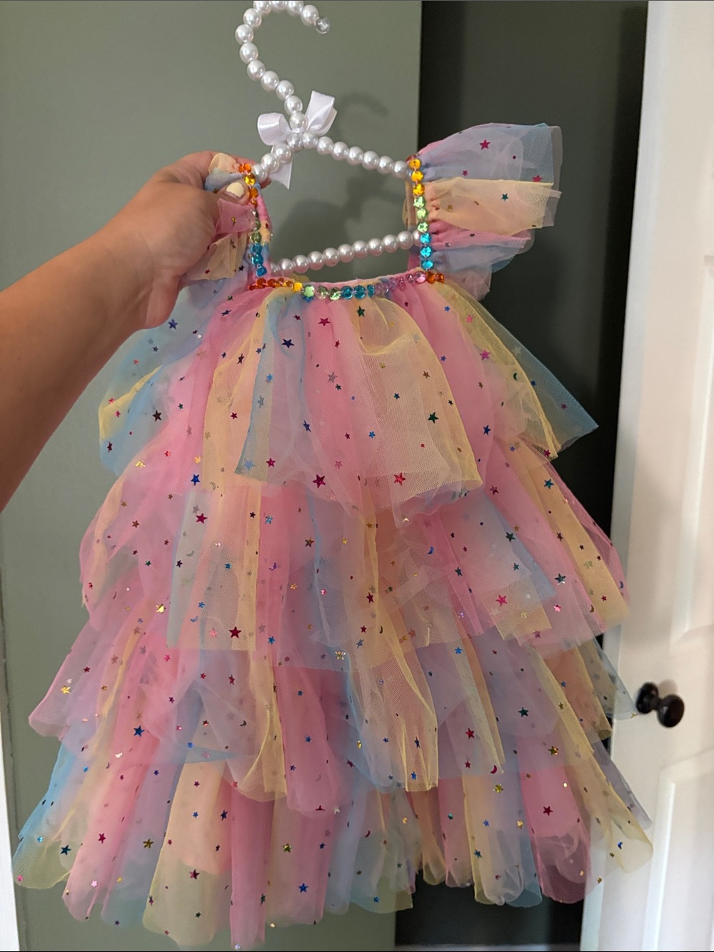 Lola + The Boys Pastel Rainbow Tulle Party Dress with Glitter Stars - Picture 2 of 4